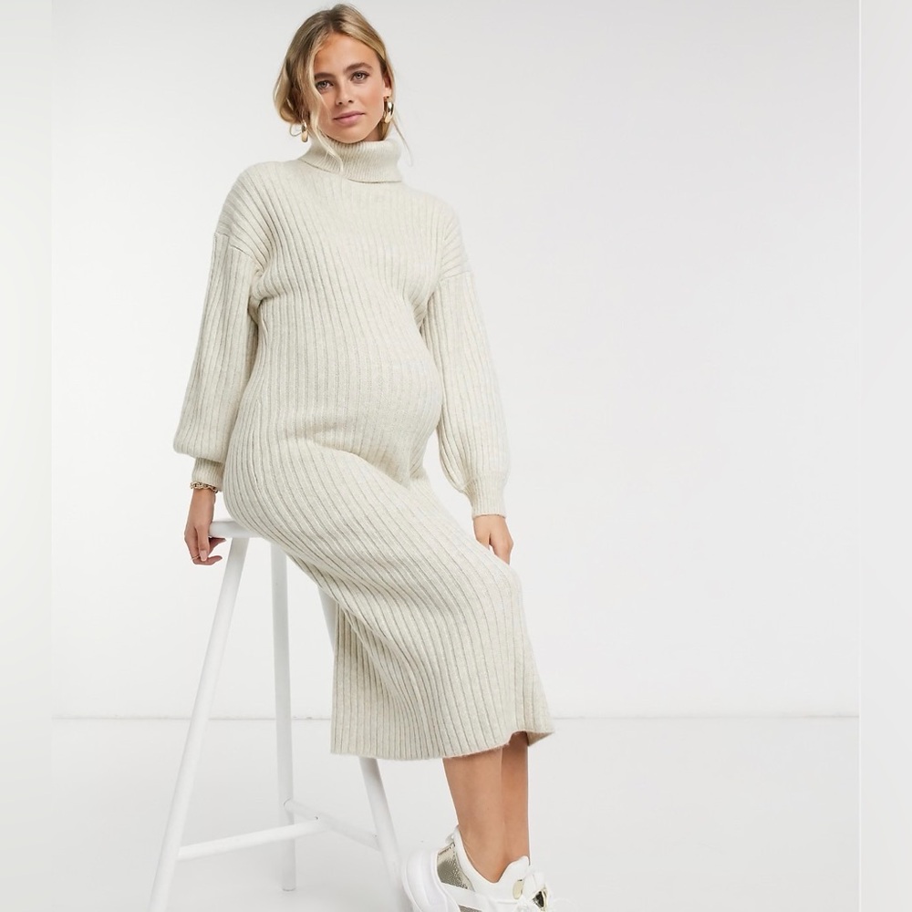 ASOS DESIGN Maternity midi rib dress with cowl neck in oatmeal